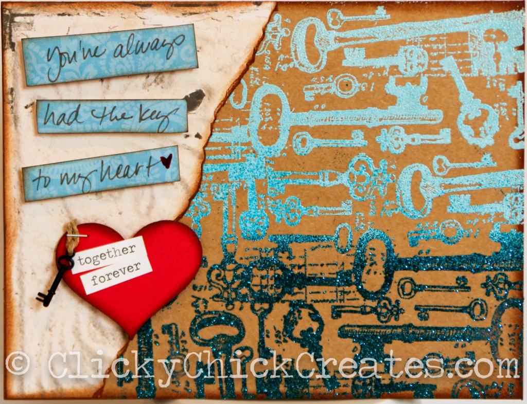 Connie Hanks Photography // ClickyChickCreates.com // You've Always Had the Key to My Heart card, embossed, gradient, distressed, manly, metal key embellishment