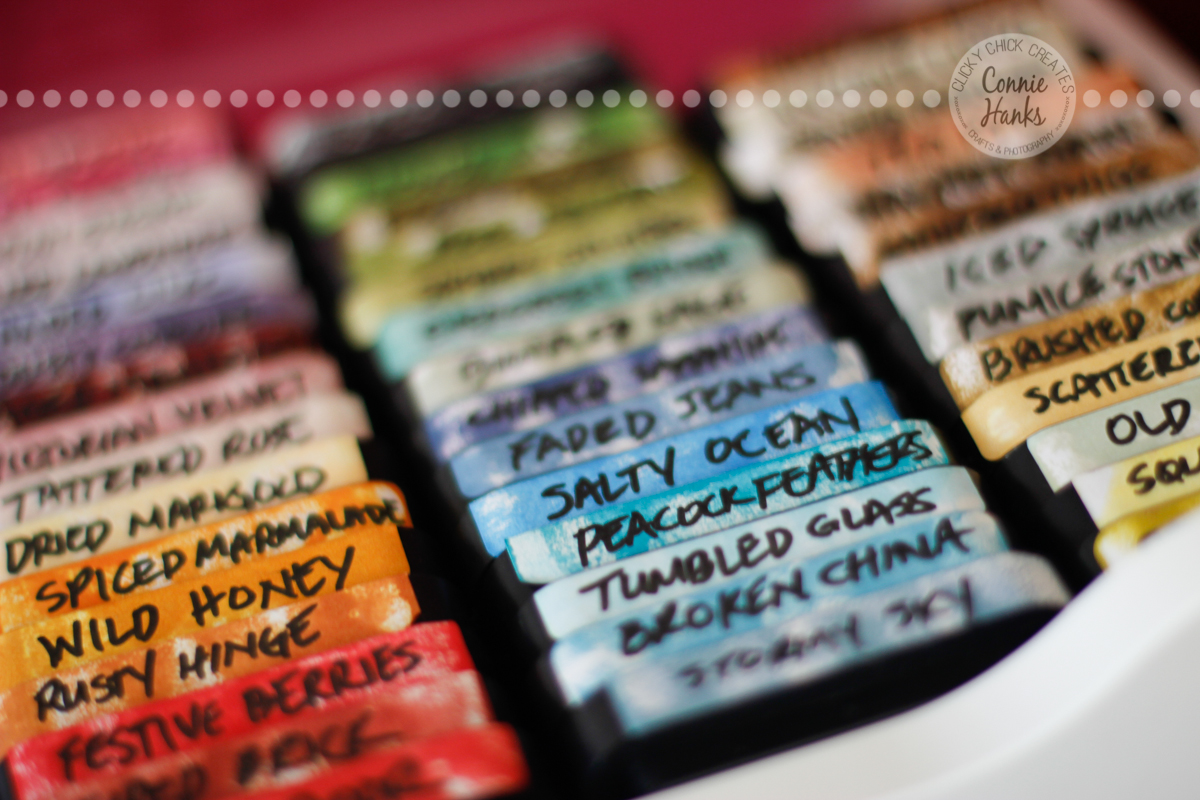 Connie Hanks Photography // ClickyChickCreates.com // Tim Holtz Distress Inks collection, organized by color family