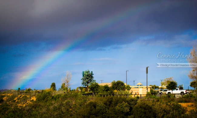 Connie Hanks Photography  //  ClickyChickCreates.com  //  rainbow over canyon and park with grey clouds