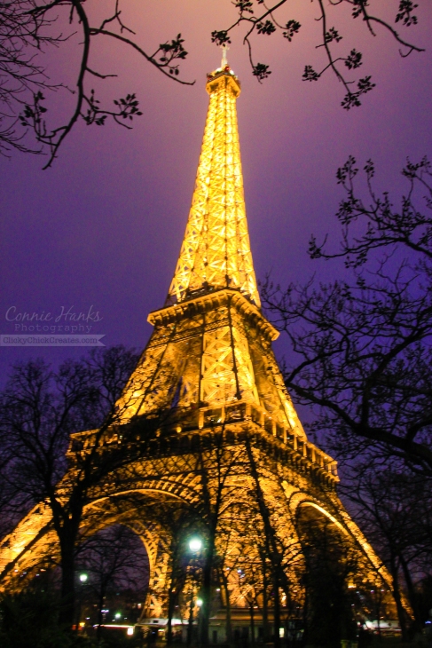 Connie Hanks Photography // ClickyChickCreates.com // Eiffel Tower, Paris, France framed by branches at night with lights and blue purple sky