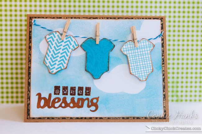 ClickyChickCreates.com  //  Sweet Blessing baby boy shower card with onesies on a clothesline