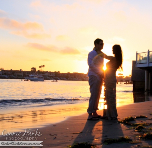 Connie Hanks Photography  //  ClickyChickCreates.com  //  Golden hour beach silhouette of pregnant Mandy and Ryan in Corona Del Mar private beach