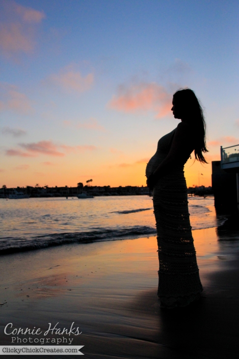 Connie Hanks Photography  //  ClickyChickCreates.com  //  Golden hour beach silhouette of pregnant Mandy in Corona Del Mar private beach