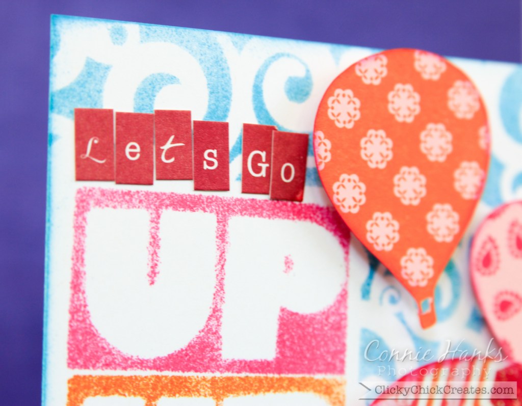 Connie Hanks Photography // ClickyChickCreates.com // Up, up, up hot air balloon card for Curtain Call challenge