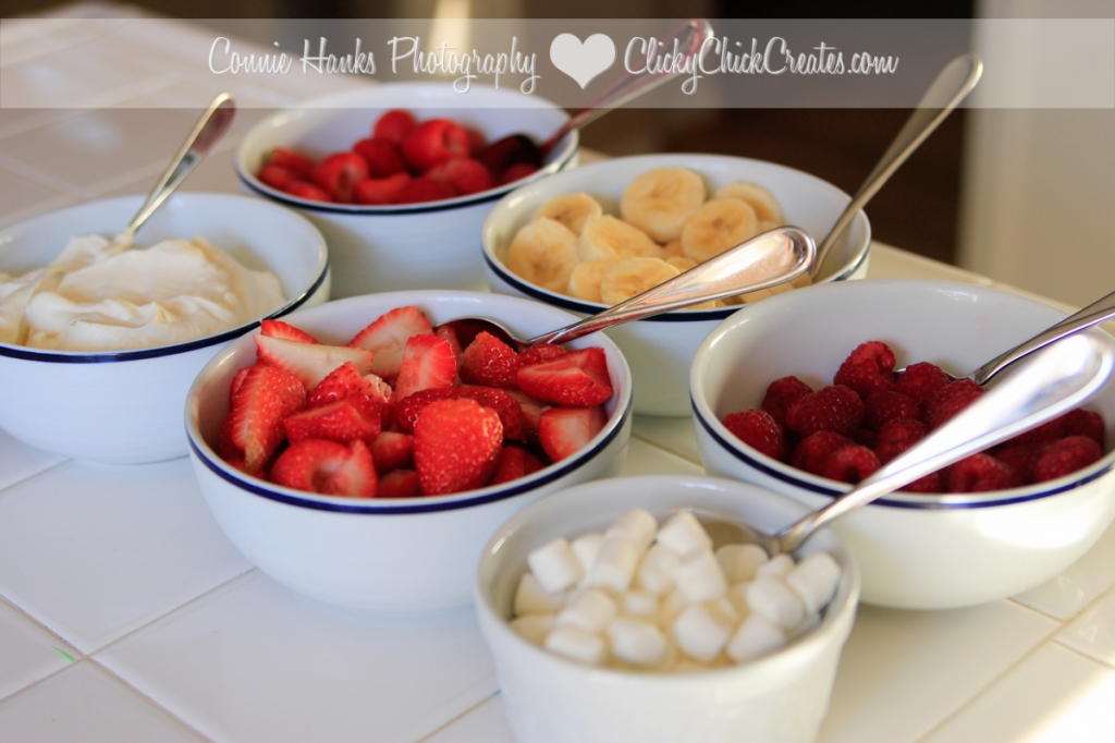 Connie Hanks Photography // ClickyChickCreates.com // pancake breakfast bar - strawberries, raspberries, bananas, whipped cream and marshmallows
