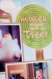 Connie Hanks // ClickyChickCreates.com // LOAD "Money doesn't grow on trees" layout, made using TCW Squiggle stencil and Tim Holtz Distress Inks