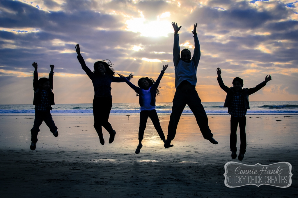 Connie Hanks Photography // ClickyChickCreates.com // family of five silhouette, Del Mar, beach, sunset, jump