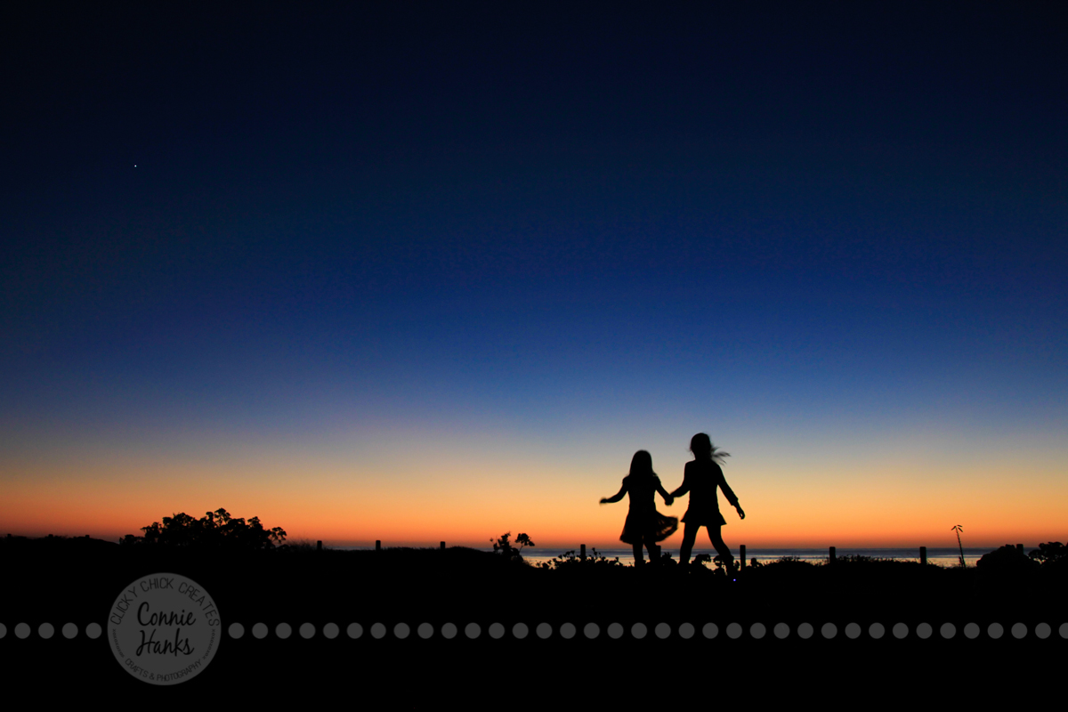 Connie Hanks Photography // ClickyChickCreates.com // silhouette at the beach, twinkle star, sunset, play, girls, sisters