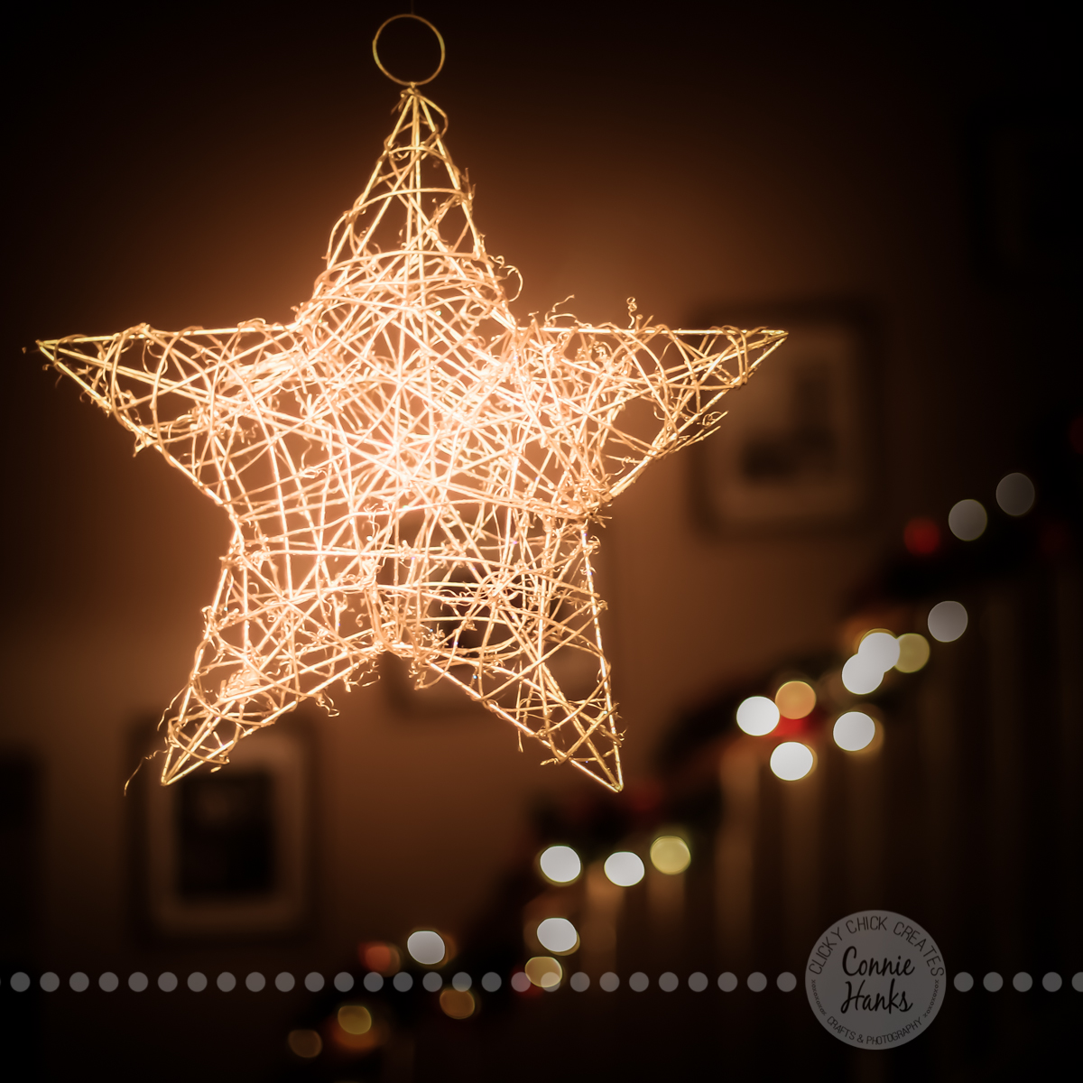 Connie Hanks Photography // ClickyChickCreates.com // Christmas, bokeh, star, straw, twig art, stairs, banister, decor