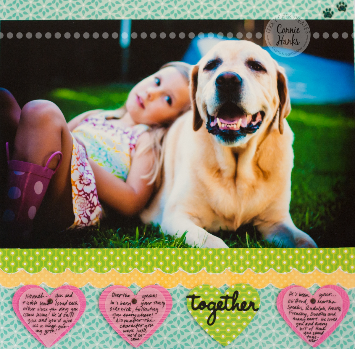 Connie Hanks Photography // ClickyChickCreates.com // scrapbook layout "Together" - little girl with her yellow labrador cuddling and playing in the backyard