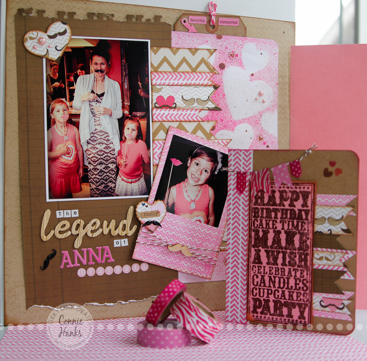 Connie Hanks Photography // ClickyChickCreates.com // The Legend of Anna Meatball scrapbook layout using Sweet Stamps Distressed Chevron stamp, Tim Holtz Distress Ink in Picked Raspberry, Dylusions Spray Ink in Bubblegum Pink, washi tape