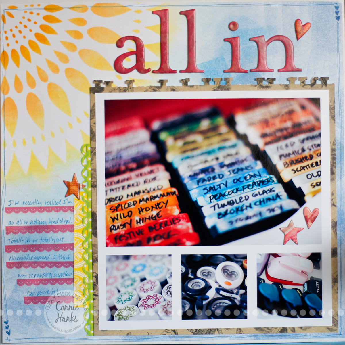 Connie Hanks Photography // ClickyChickCreates.com // All In scrapbook layout using The Crafter's Workshop Zinnia, Tim Holtz Distress Inks, Fiskar punches, embossing powder