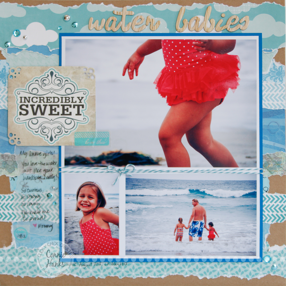 Connie Hanks Photography // ClickyChickCreates.com // Water Babies beach scrapbook layout using torn strips of patterned paper
