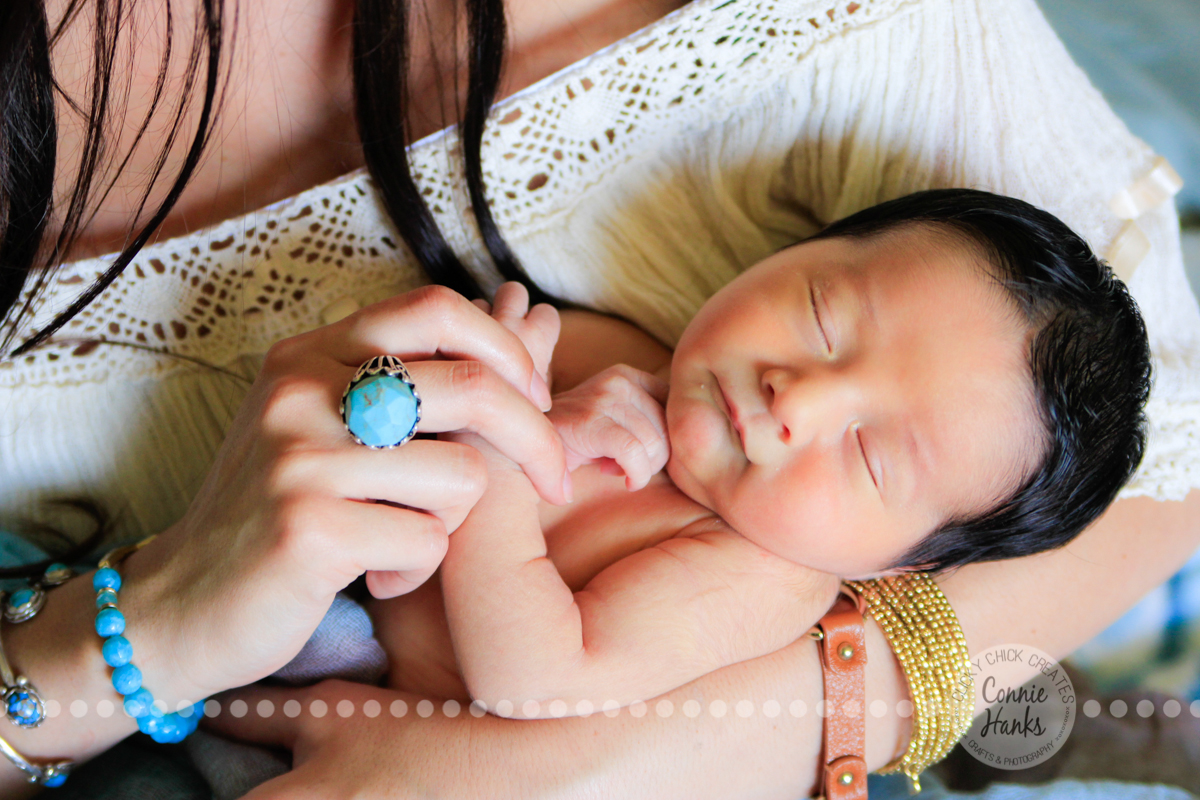 Connie Hanks Photography // ClickyChickCreates.com // newborn photography, head full of hair, baby boy, sleeping, jewelry mama, angelic
