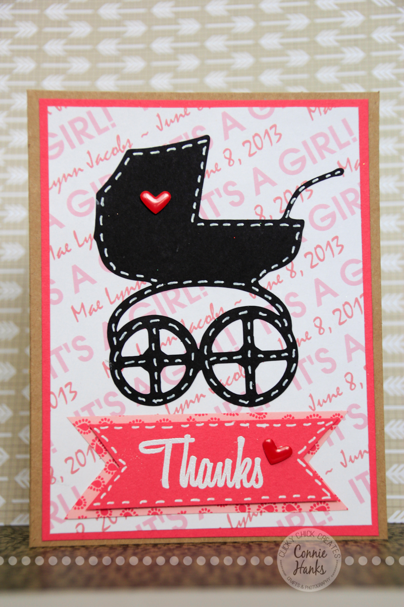 Connie Hanks Photography // ClickyChickCreates.com // Birth announcement, thank you card, stroller, pram, buggy, Custom Scrapbook Stuff, embossed