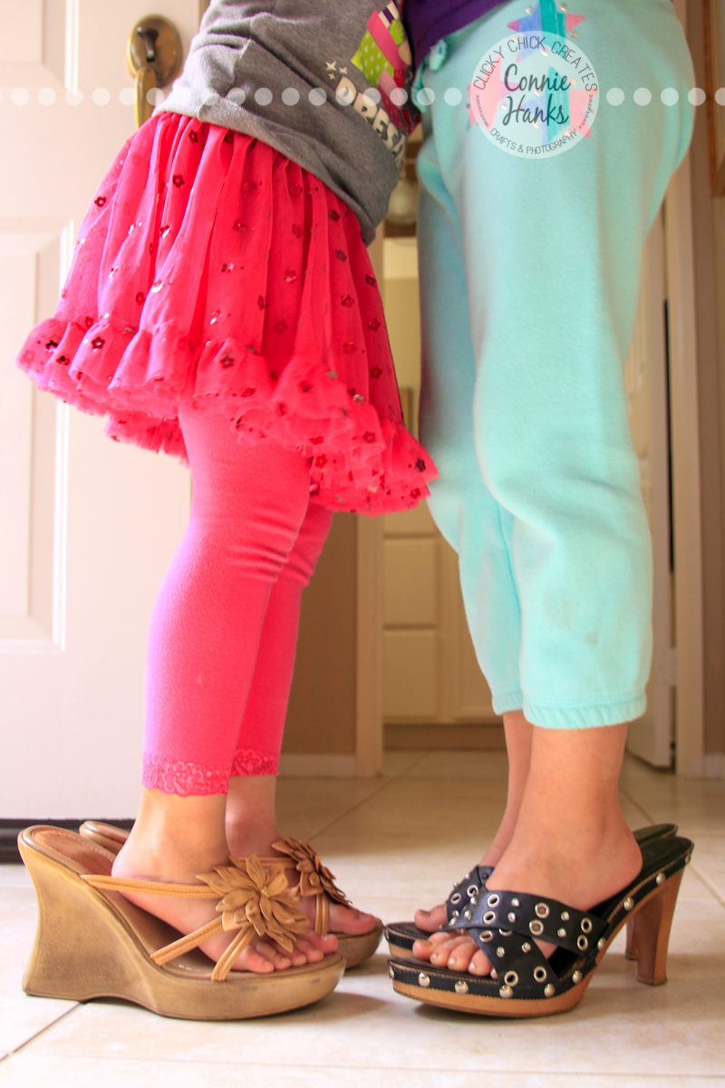 Connie Hanks Photography // ClickyChickCreates.com // Little Girls wearing Mama's shoes, dress up, toes, growing up