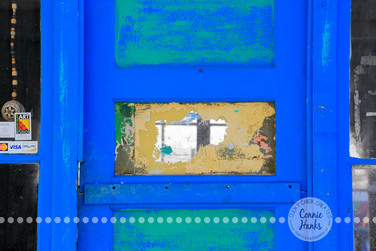 Connie Hanks Photography // ClickyChickCreates.com // doors of Balboa Park, Spanish Village, artists, blue, teal, turquoise, yellow, khaki