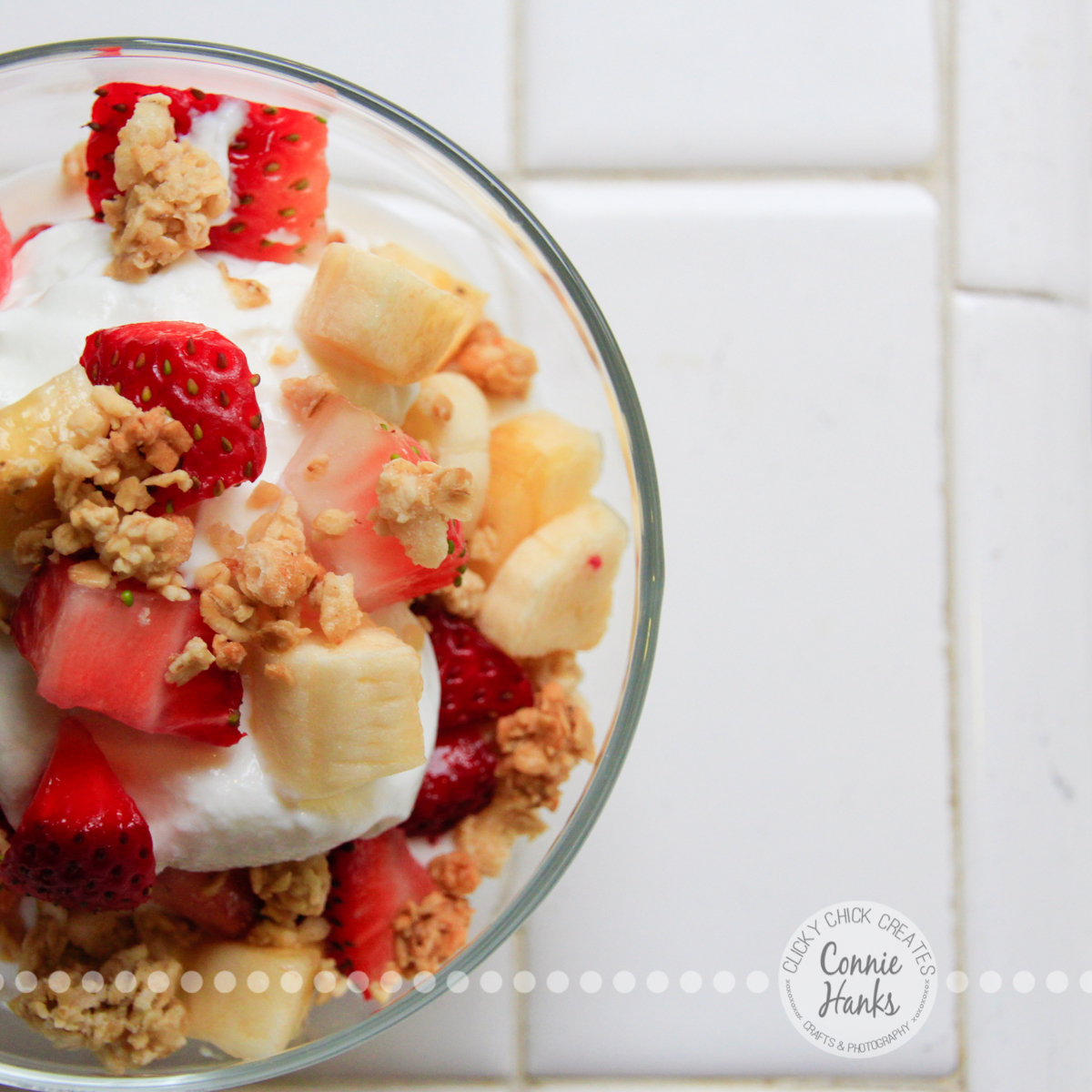Connie Hanks Photography // ClickyChickCreates.com // yogurt, granola, strawberry, banana, parfait, in a bowl, going, going, gone!
