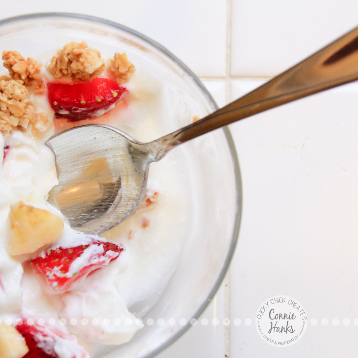 Connie Hanks Photography // ClickyChickCreates.com // yogurt, granola, strawberry, banana, parfait, in a bowl, going, going, gone!