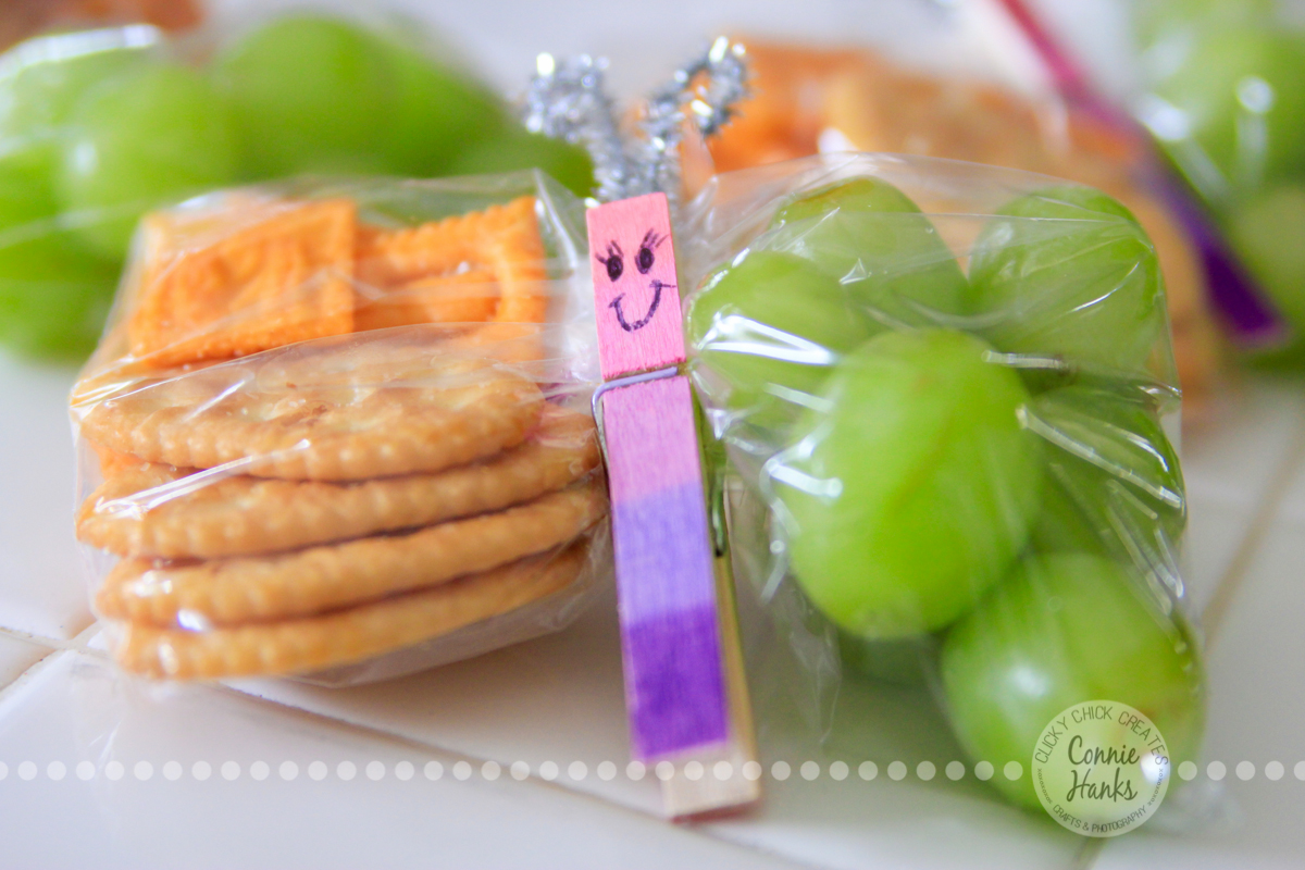 Connie Hanks Photography // ClickyChickCreates.com // healthy butterfly snacks made with baggies, clothes pins, pipe cleaner, grapes, fruit, crackers