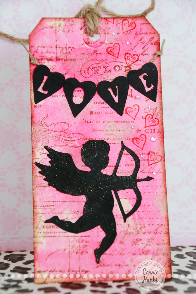 Connie Hanks Photography // ClickyChickCreates.com // Cupid and LOVE banner tag, Picked Raspberry Distress Ink, Spun Sugar Distress Stain, handmade