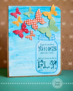 Connie Hanks Photography // ClickyChickCreates.com // Your boundless wings already exist. All you have to do is fly. handmade card with butterflies and mason jar.
