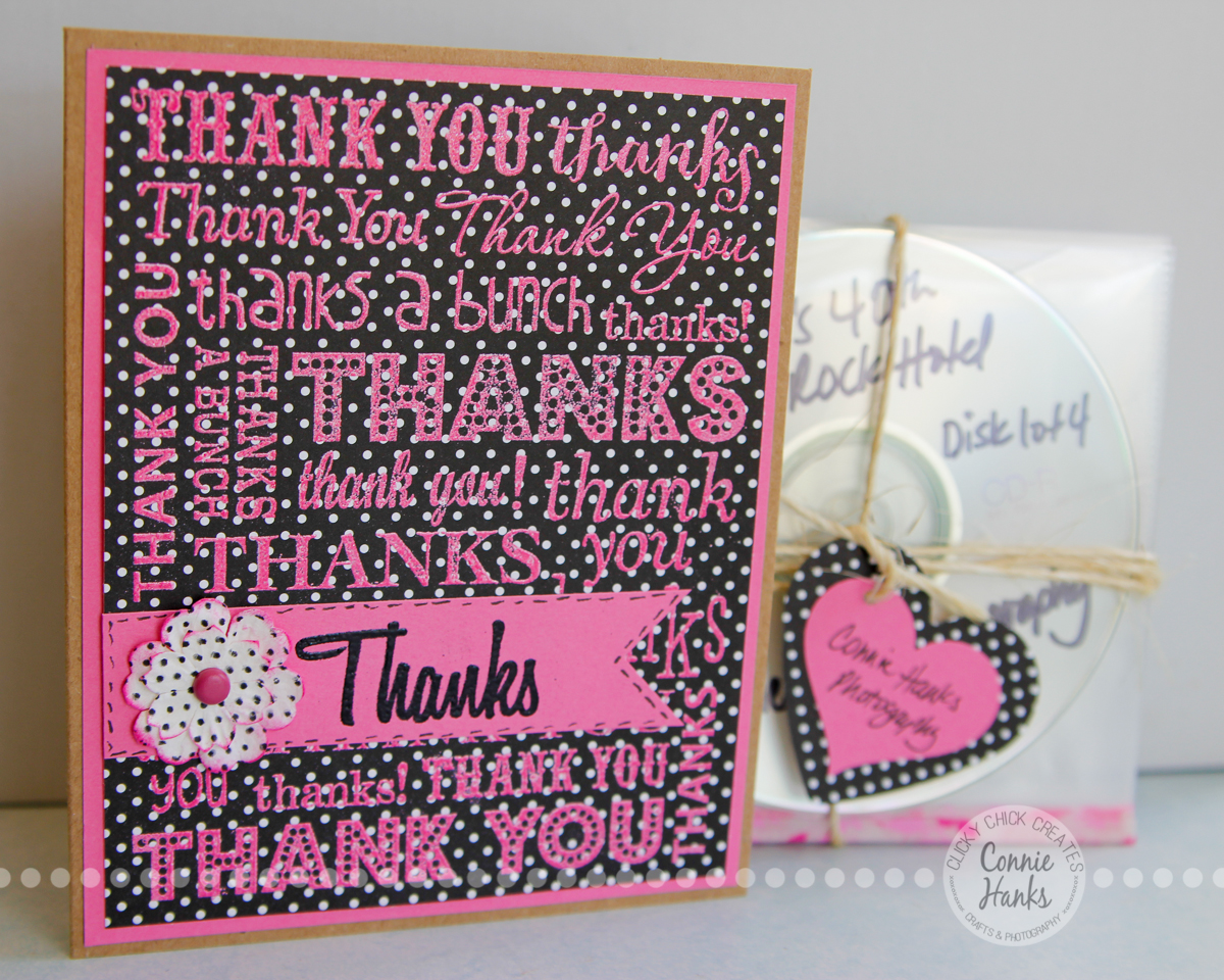 Connie Hanks Photography // ClickyChickCreates.com // handmade thank you card with stamping and embossing with heart punched embellishment