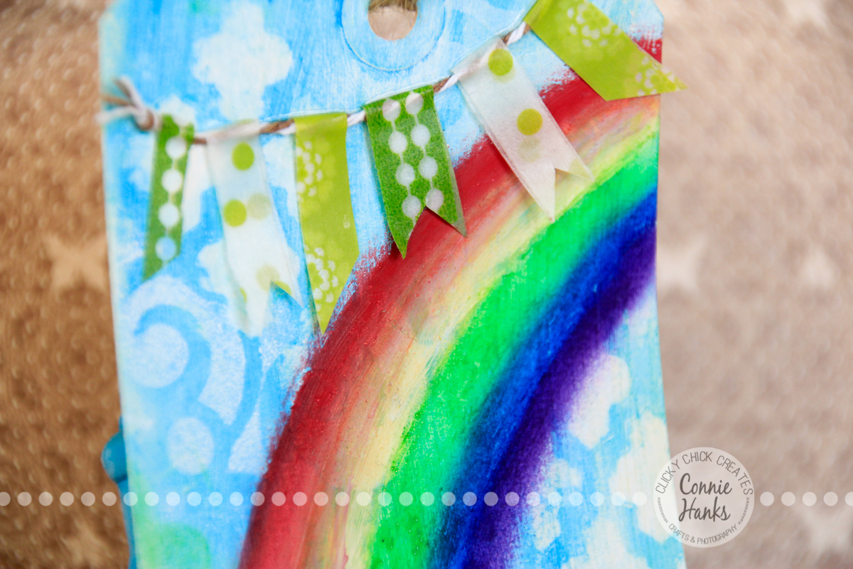Connie Hanks Photography // ClickyChickCreates.com // St. Patrick's rainbow and pot of gold tag made using Gelatos, Distress Inks, stencils, paint, washi tape, sequins