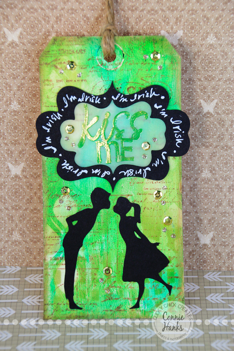 Connie Hanks Photography // ClickyChickCreates.com // St. Patrick's Lucky horseshoe and gold tag made using Gelatos, Distress Inks, KaisterCraft stamp, Slice Je t'adore design card