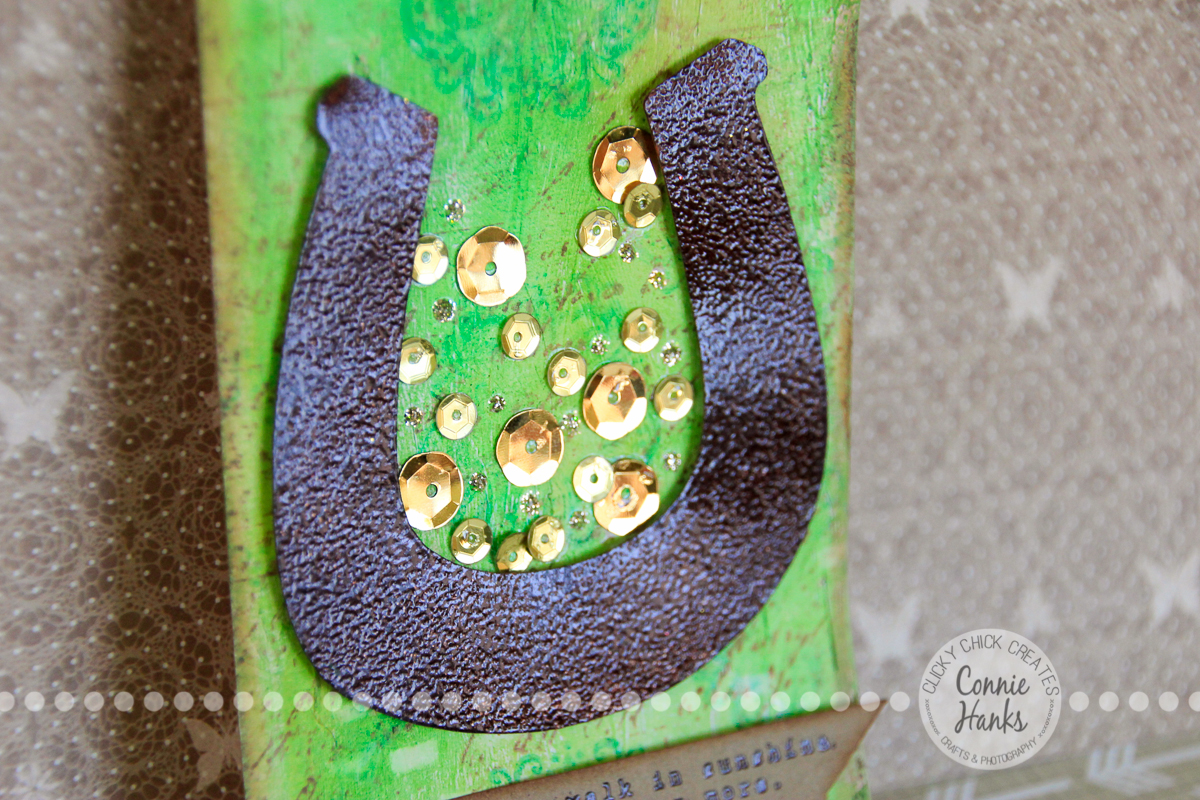 Connie Hanks Photography // ClickyChickCreates.com // St. Patrick's Lucky and gold tag made using Gelatos, Distress Inks, KaisterCraft stamp, Technique Tuesday stamp, Irish blessing, sequins