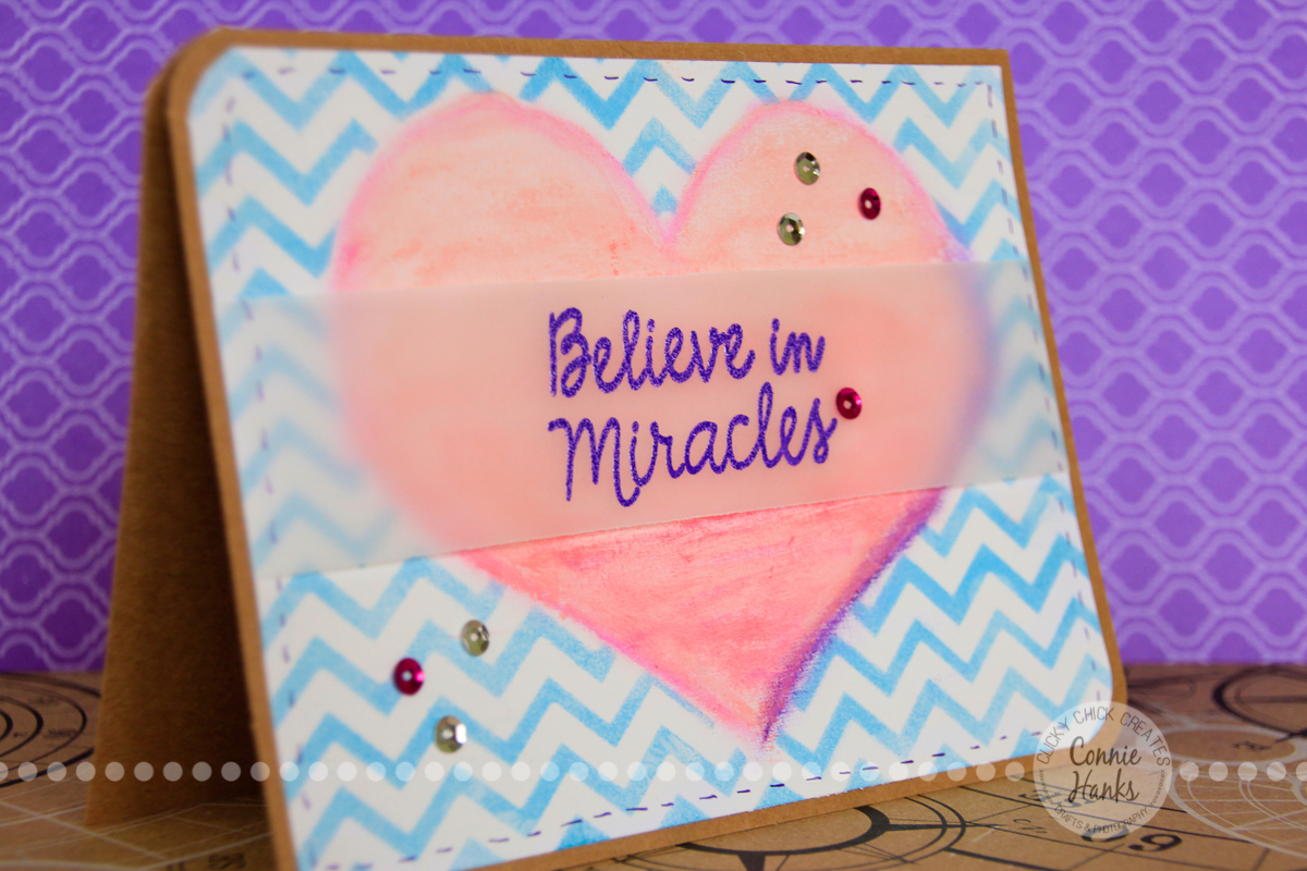 Connie Hanks Photography // ClickyChickCreates.com // Believe in Miracles card using gelatos, stencils, ink, embossing, pink, purple, lavender, blue, craft and sequins