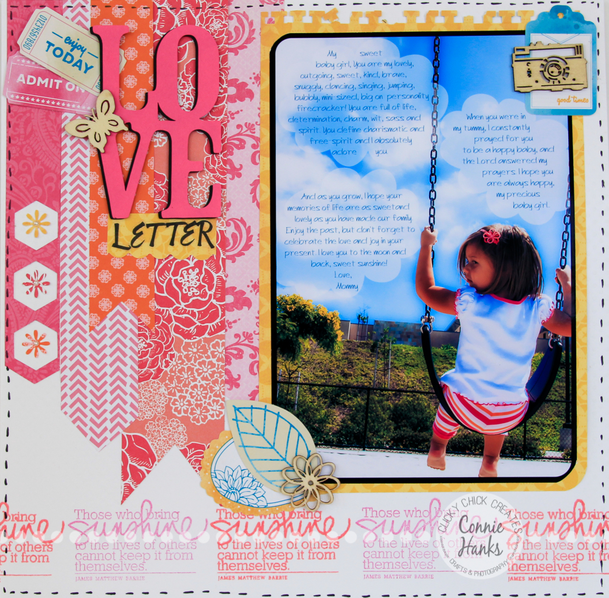 Connie Hanks Photography // ClickyChickCreates.com // Love Letter scrapbook layout using text journaling on photo; banners, stamps, wood veneers, Amy Tangerine, pink, orange, yellow