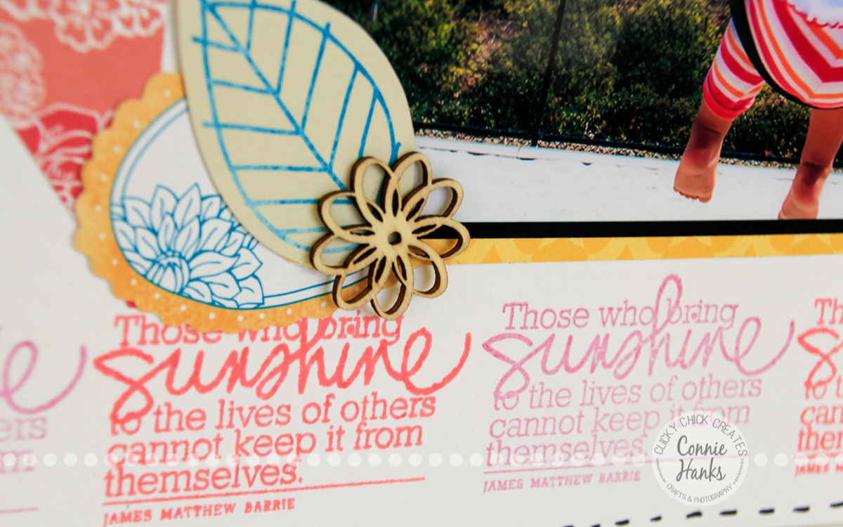 Connie Hanks Photography // ClickyChickCreates.com // Love Letter scrapbook layout using text journaling on photo; banners, stamps, wood veneers, Amy Tangerine, pink, orange, yellow