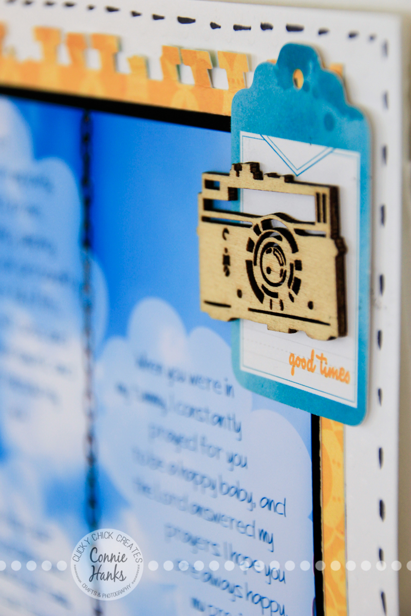 Connie Hanks Photography // ClickyChickCreates.com // Love Letter scrapbook layout using text journaling on photo; banners, stamps, wood veneers, Amy Tangerine, pink, orange, yellow