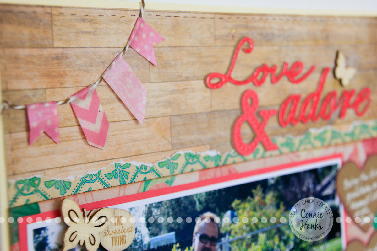 Connie Hanks Photography // ClickyChickCreates.com // Love & Adore scrapbook layout using Maggie Holmes Crate Paper, washi banner, journaling on kraft punched hearts, wood veneers
