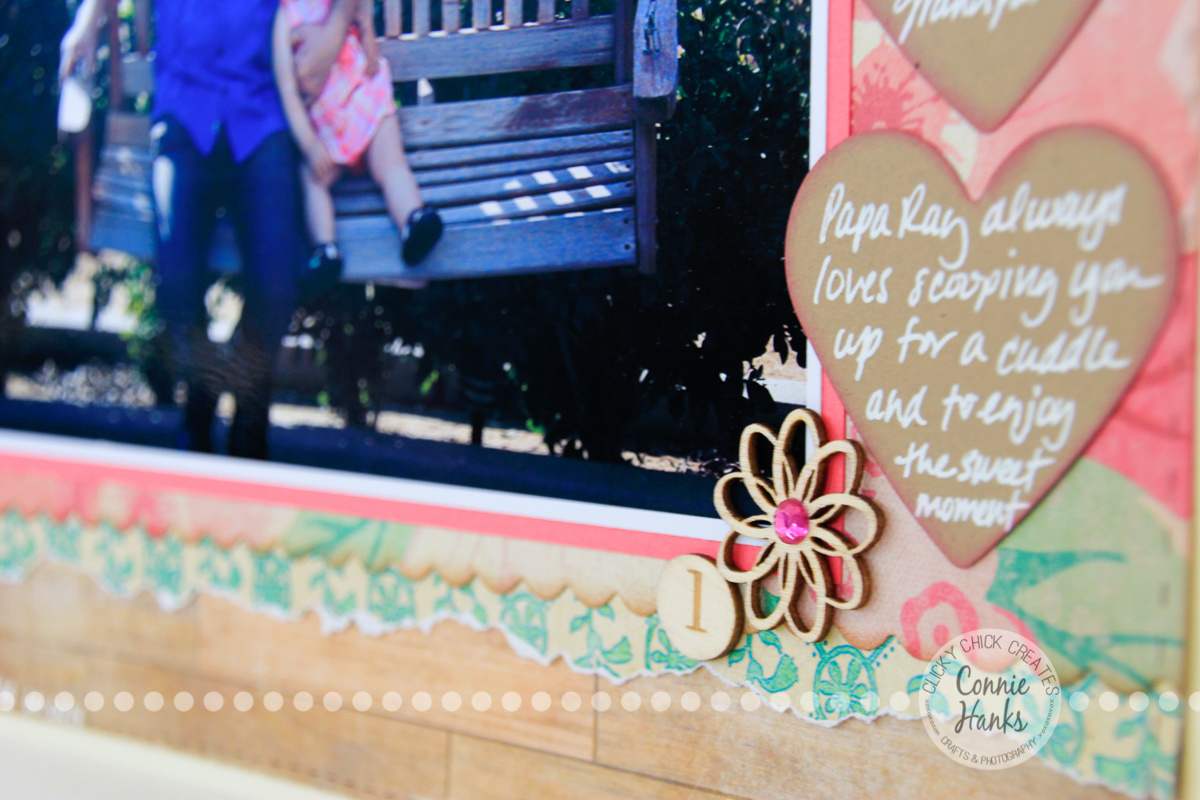 Connie Hanks Photography // ClickyChickCreates.com // Love & Adore scrapbook layout using Maggie Holmes Crate Paper, washi banner, journaling on kraft punched hearts, wood veneers