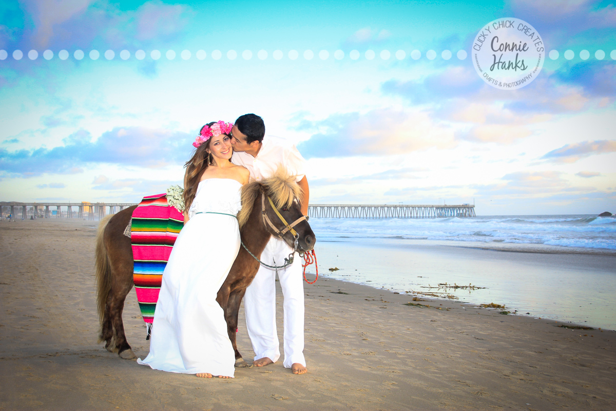 Connie Hanks Photography // ClickyChickCreates.com // engagement couple session, Rosarito, Mexico beach, pony, flower head wreath