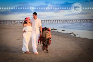 Connie Hanks Photography // ClickyChickCreates.com // engagement couple session, Rosarito, Mexico beach, pony, flower head wreath
