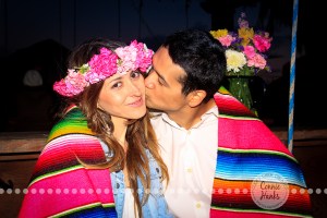 Connie Hanks Photography // ClickyChickCreates.com // engagement couple session, Rosarito, Mexico beach, flower head wreath, Mexican blanket