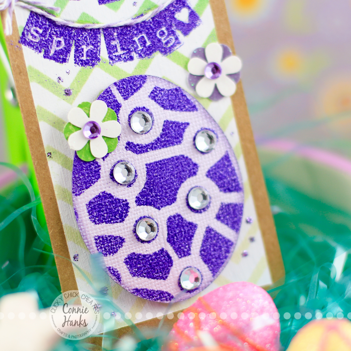 Connie Hanks Photography // ClickyChickCreates.com // Happy Spring Tag using The Crafter's Workshop and Heidi Swapp stencils, embossing, Distress Inks, ombre effect, old stash, bling, Sweet Stamp Shop alpha tabs stamps