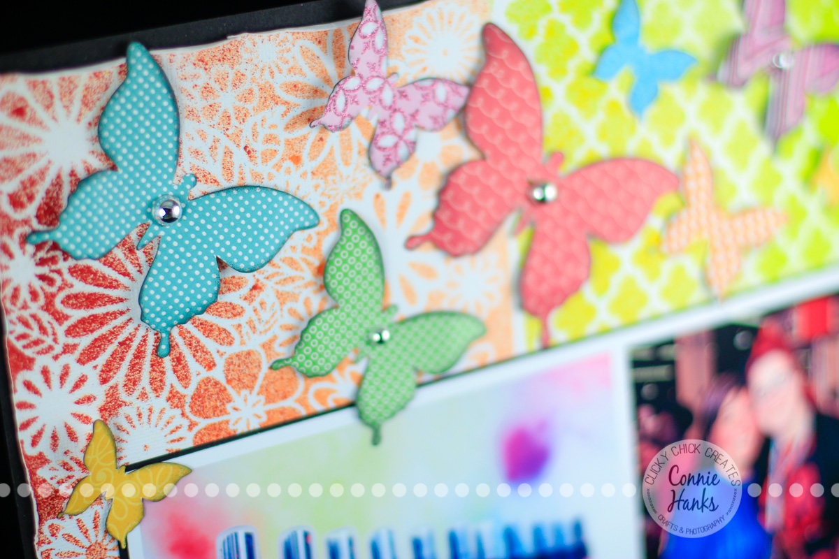 Connie Hanks Photography // ClickyChickCreates.com // Meet Dyan layout using The Crafter's Workshop and Heidi Swapp stencils, Dylusions Spray Inks, butterflies, vellum