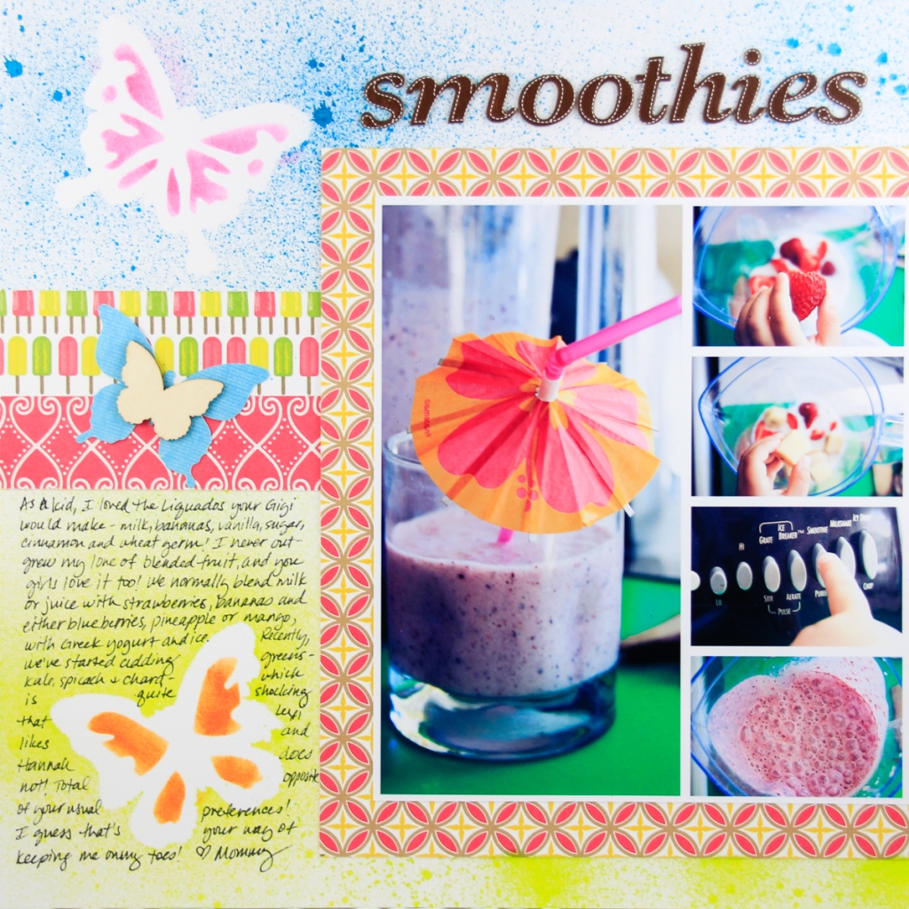ClickyChickCreates.com // Smoothies in the Backyard (everyday moments / real life) scrapbook layout using 9 photos, spray misting, masks, stencils, butterflies, flowers, wood veneers