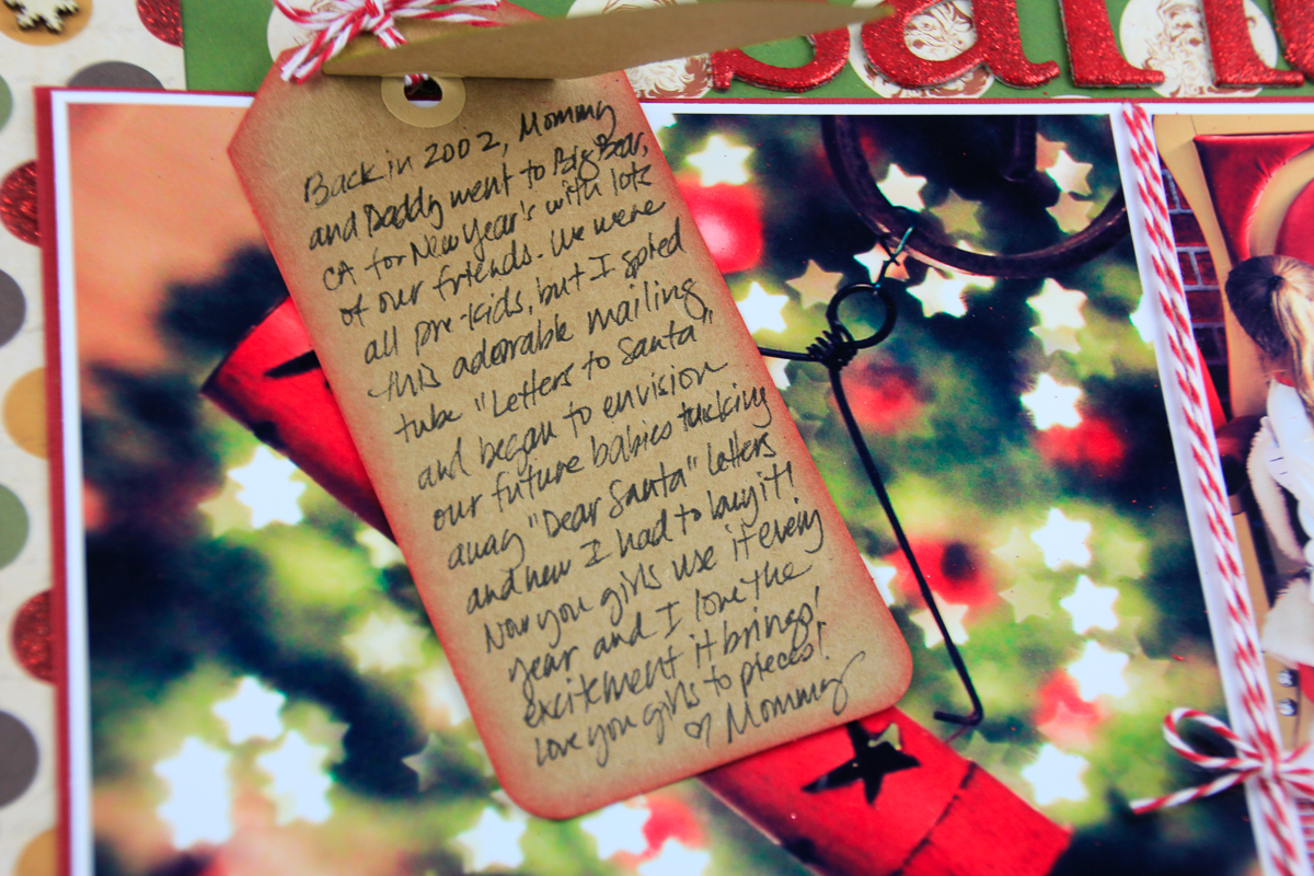 Connie Hanks Photography // ClickyChickCreates.com // Dear Santa layout using My Mind's Eye Vintage Christmas papers, tags, embossing, kraft tags, twine, wood veneer snowflake embellishments