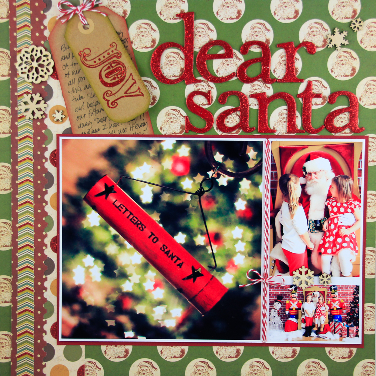 Connie Hanks Photography // ClickyChickCreates.com // Dear Santa layout using My Mind's Eye Vintage Christmas papers, tags, embossing, kraft tags, twine, wood veneer snowflake embellishments
