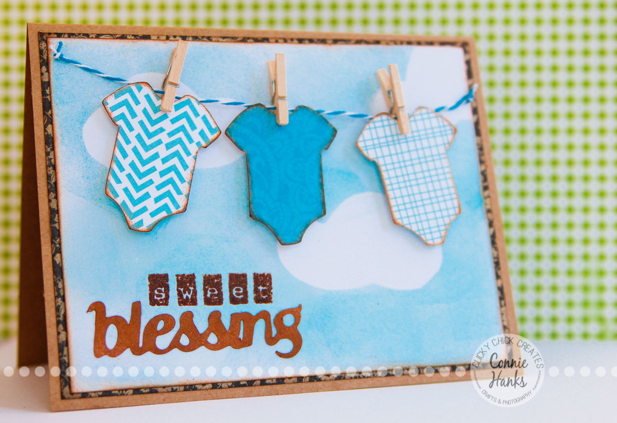 ClickyChickCreates.com // Sweet Blessing baby boy shower card with onesies on a clothesline