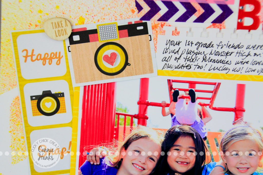 ClickyChickCreates.com // Playground Besties (everyday moments / real life) scrapbook layout using spray misting, masks, stencils, cameras, arrows, hearts, washi tape