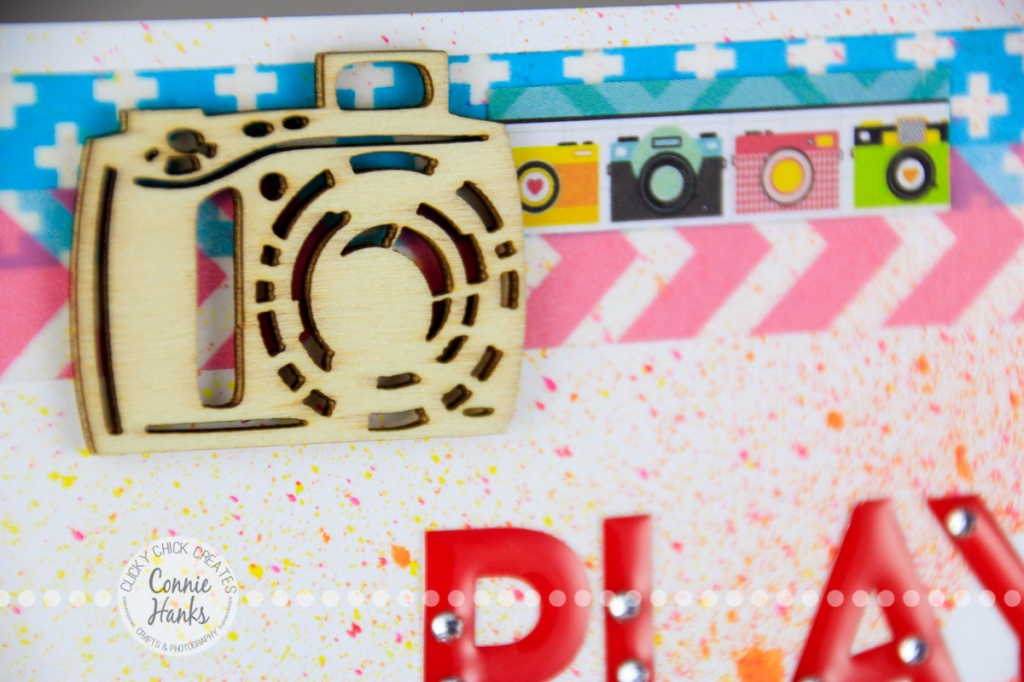ClickyChickCreates.com // Playground Besties (everyday moments / real life) scrapbook layout using spray misting, masks, stencils, cameras, arrows, hearts, washi tape