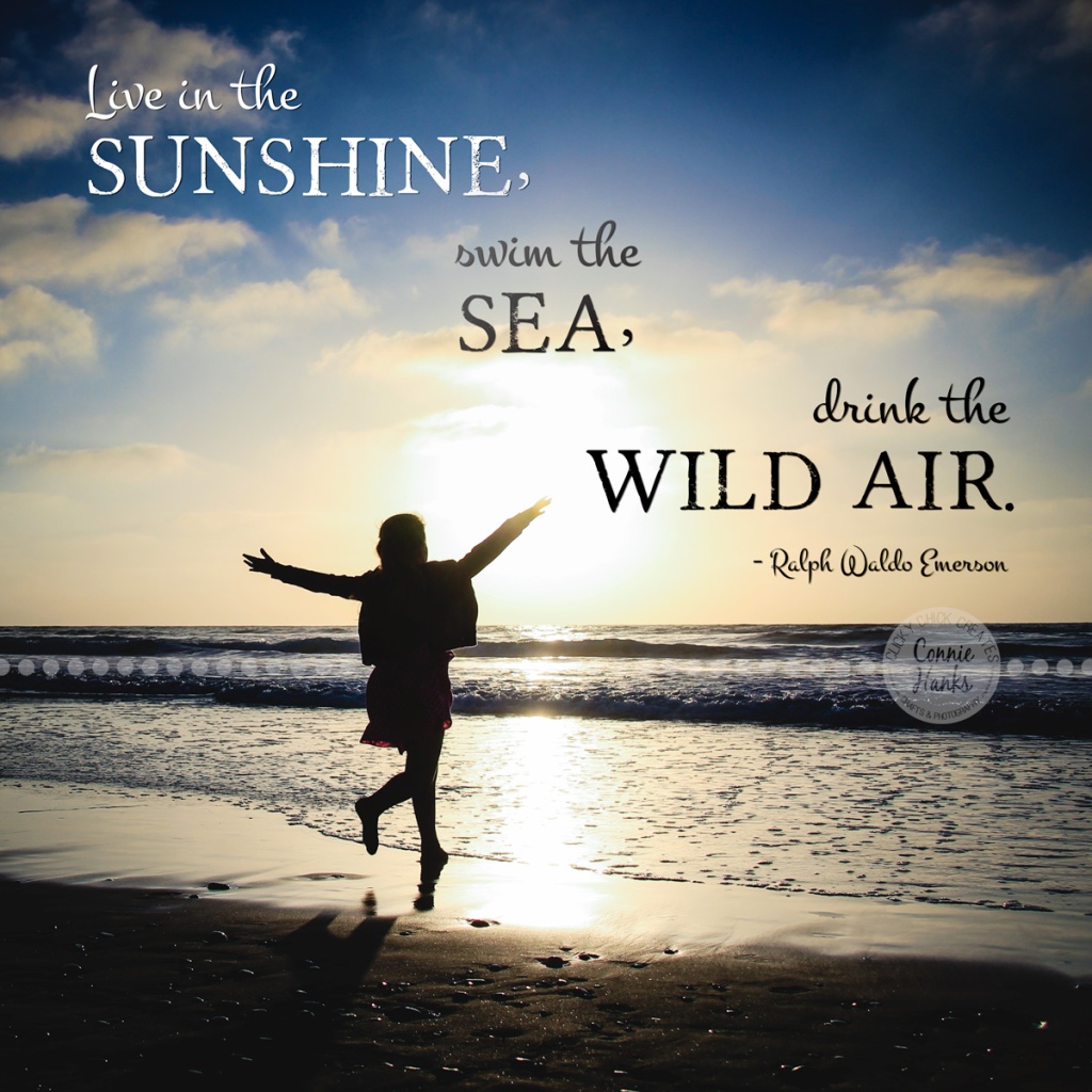 Connie Hanks Photography // ClickyChickCreates.com // little girl running into ocean, arms stretched out, excitement, Ralph Waldo Emerson quote "Live in the sunshine, swim the sea, drink the wild air."