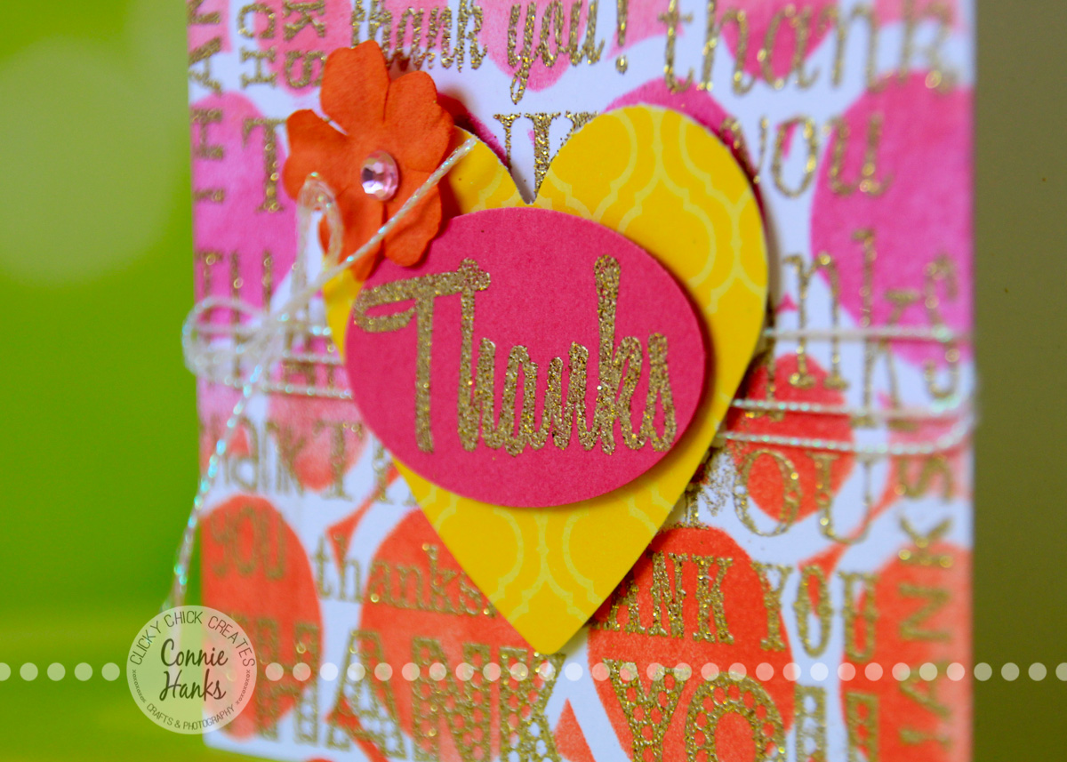 ClickyChickCreates.com // Thank You card using stencil, embossing, Distress Inks, stamping, blending and more! 