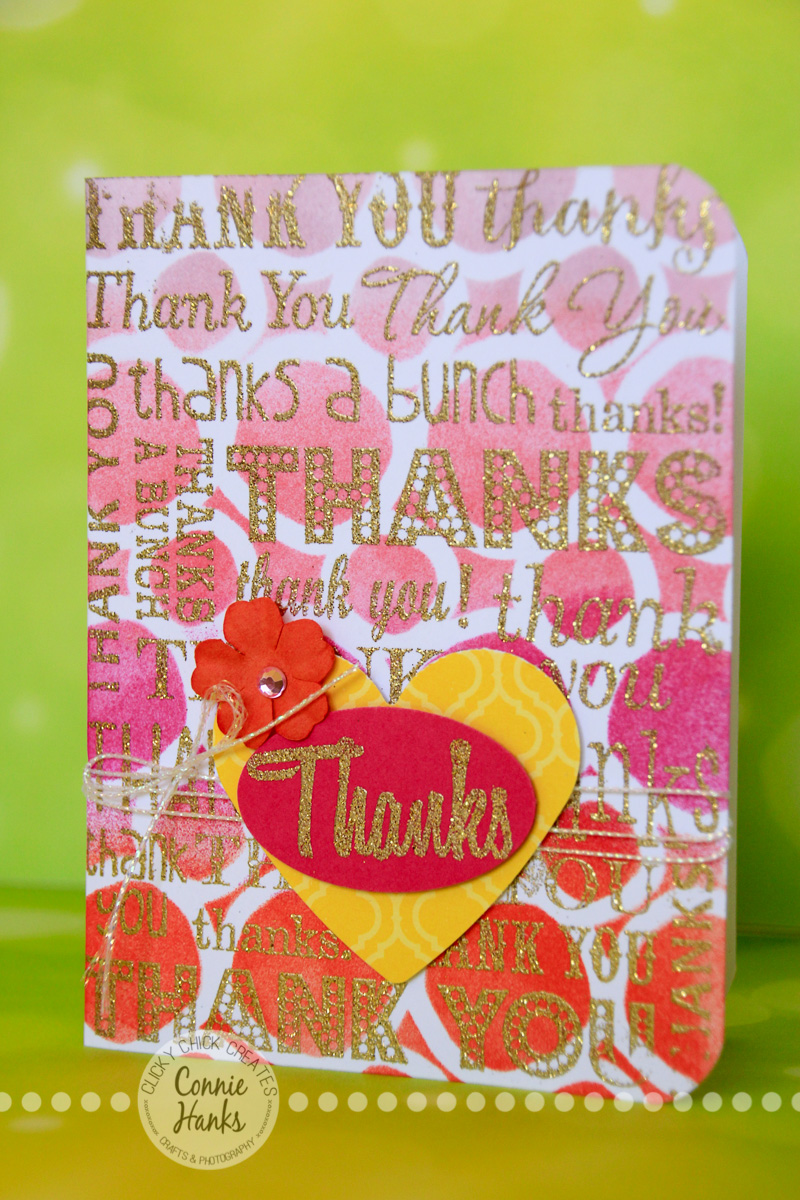 ClickyChickCreates.com // Thank You card using stencil, embossing, Distress Inks, stamping, blending and more! 